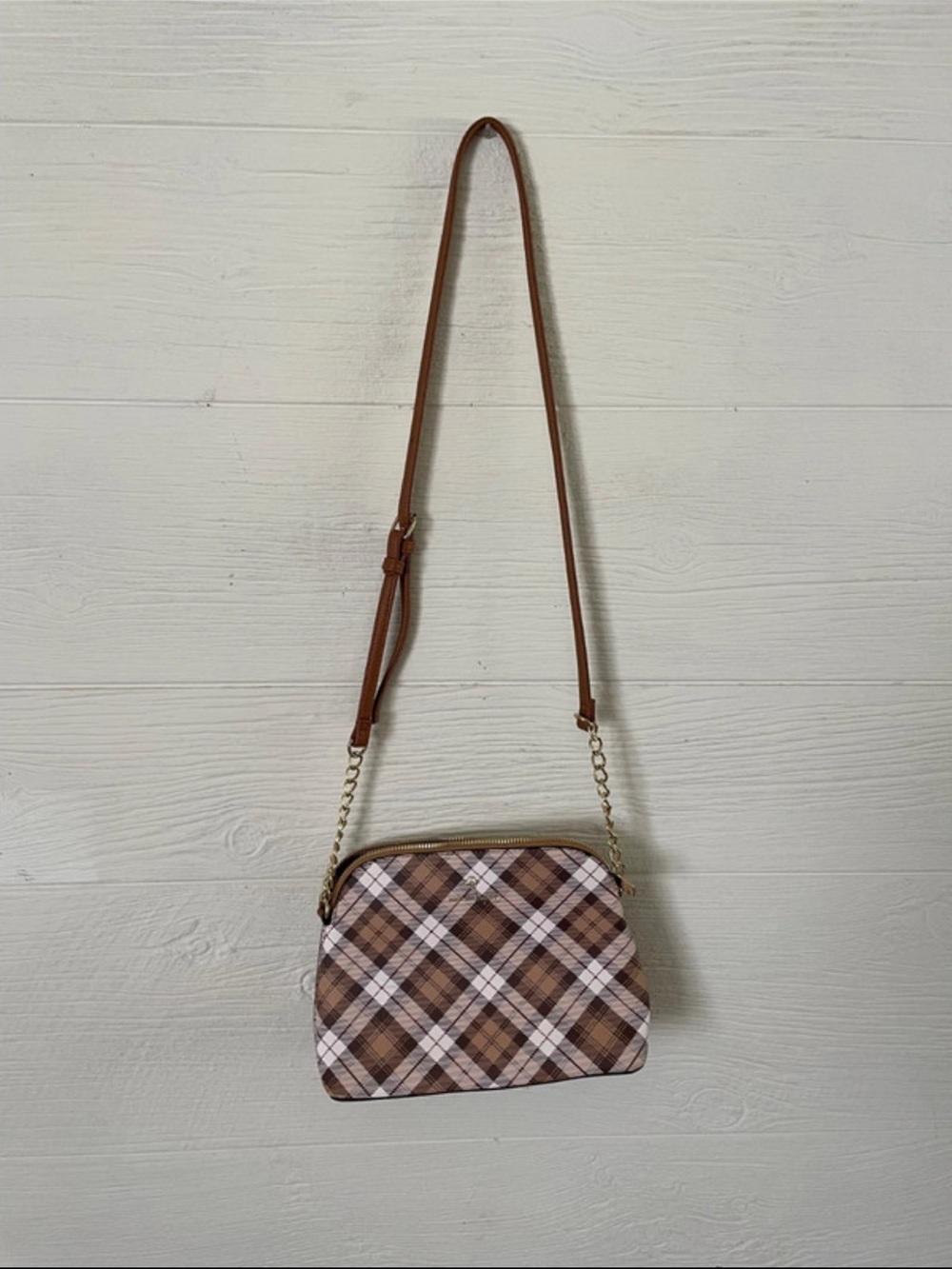 Nanette Lepore Brown & Pink Plaid Crossbody Bag